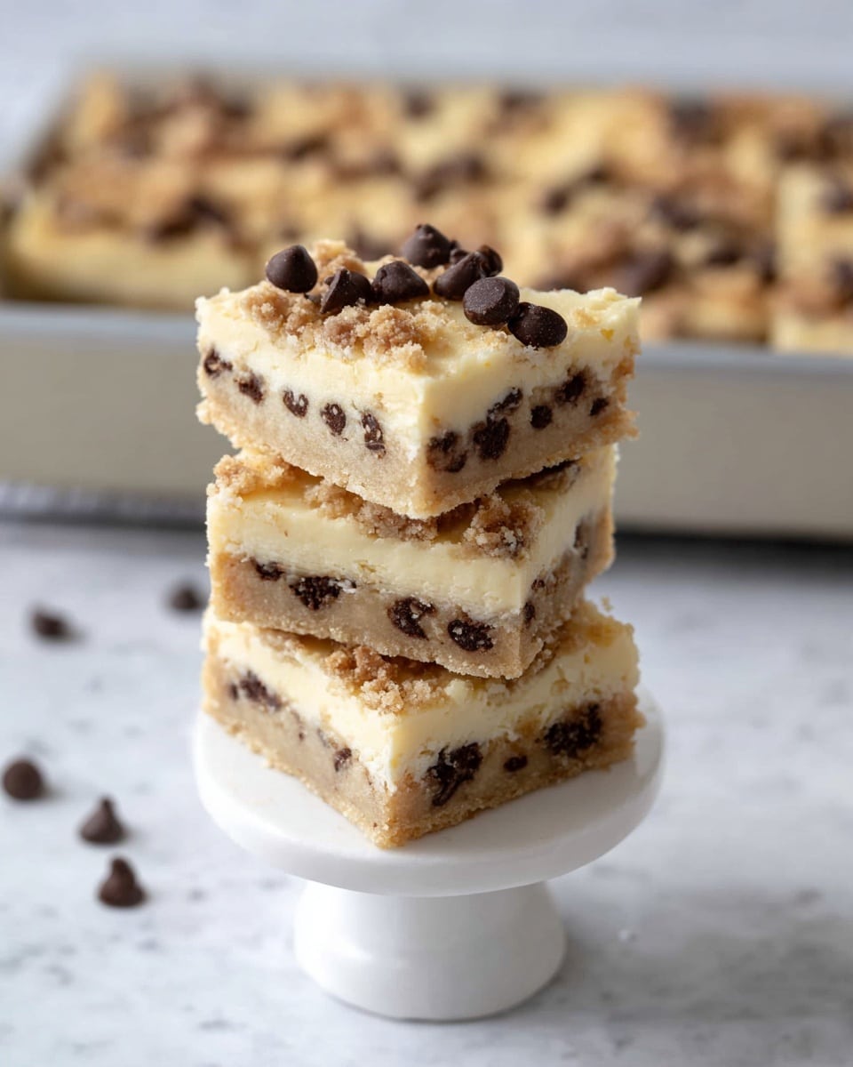 The image shows a stack of four dessert bars on a small white pedestal against a white marbled surface. Each bar has three layers: the bottom and top layers are light tan with dark brown chocolate chips scattered inside, having a soft, crumbly texture. The middle layer is thick, creamy, and pale yellow, smooth in texture. The top layer also has extra crumbly tan bits and a few chocolate chips on the surface. In the background, a baking pan filled with more of these dessert bars is visible but blurred. photo taken with an iphone --ar 4:5 --v 7