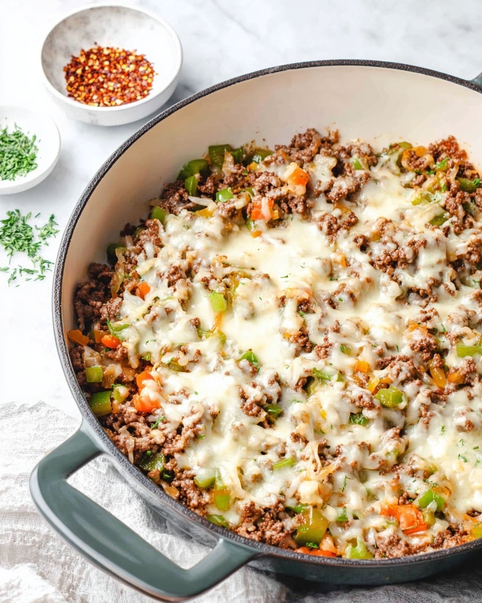 Inside a white pan with dark handles, there is a dish with three main layers: a base layer of brown cooked ground meat mixed with small pieces of green and orange vegetables, a middle layer of melted white cheese spread unevenly, and visible bits of diced green pepper scattered throughout. The white marbled surface underneath the pan adds a clean, bright background. In the top left corner, there is a small white bowl with reddish seasoning inside, and a touch of green herbs are slightly visible on the edge. Photo taken with an iphone --ar 4:5 --v 7