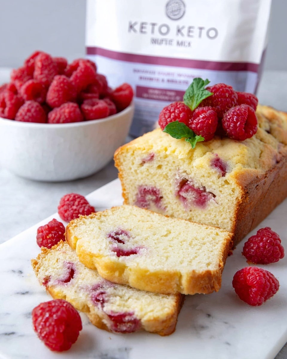 A loaf of light yellow cake with red raspberry swirls inside sits on a white marbled surface, topped with a cluster of fresh red raspberries and green leaves. Two thick slices are placed in front of the loaf, showing the soft, moist inside with uneven raspberry streaks. Behind the cake is a bowl filled with more fresh red raspberries and a white package labeled