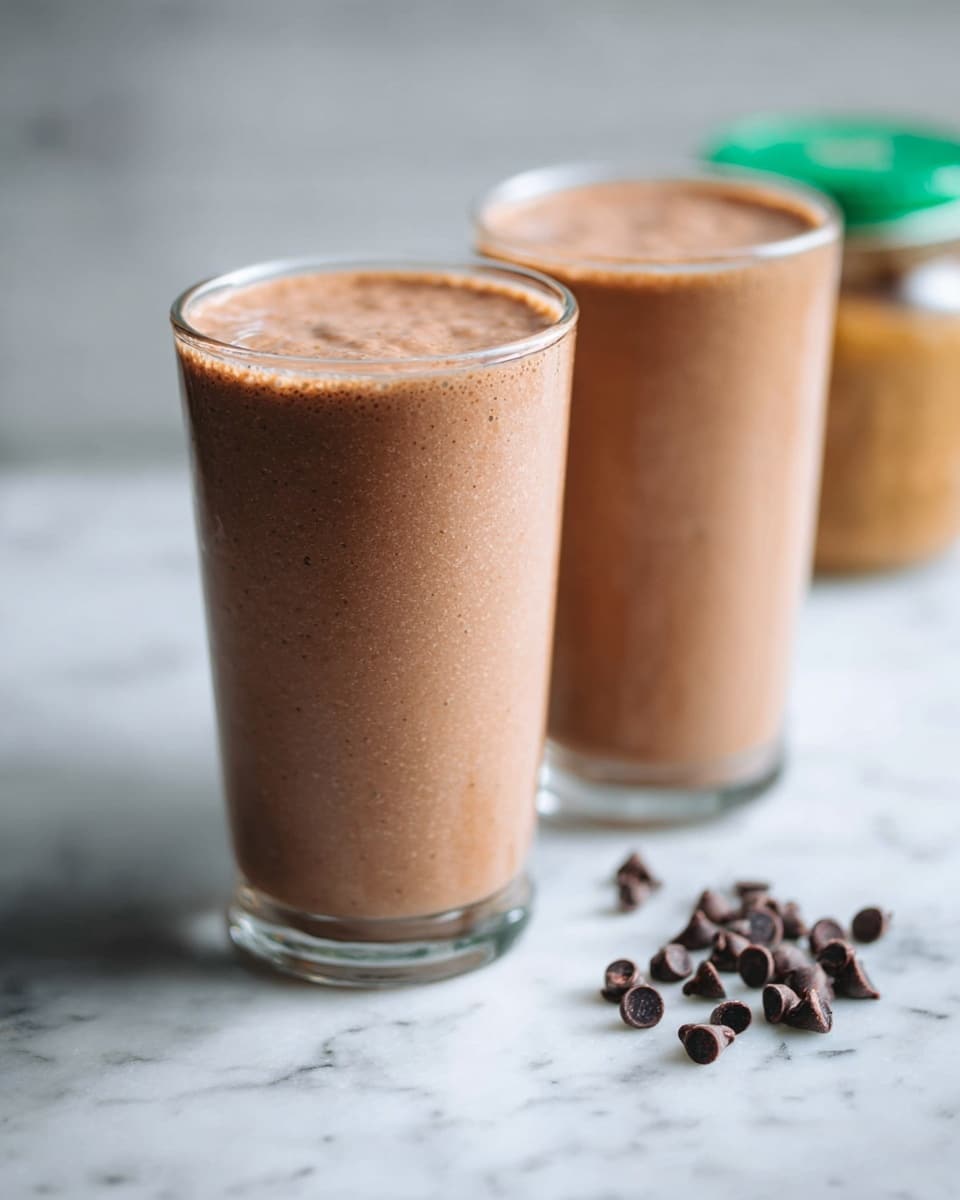 Two tall clear glasses filled to the top with a smooth, light brown chocolate smoothie are placed on a white marbled surface. In front of the glasses, small dark chocolate chips are scattered, adding texture to the scene. In the background, slightly out of focus, there is a jar with a green lid, hinting at an ingredient used in the smoothie. The lighting is soft and natural, highlighting the creamy texture of the drink. photo taken with an iphone --ar 4:5 --v 7