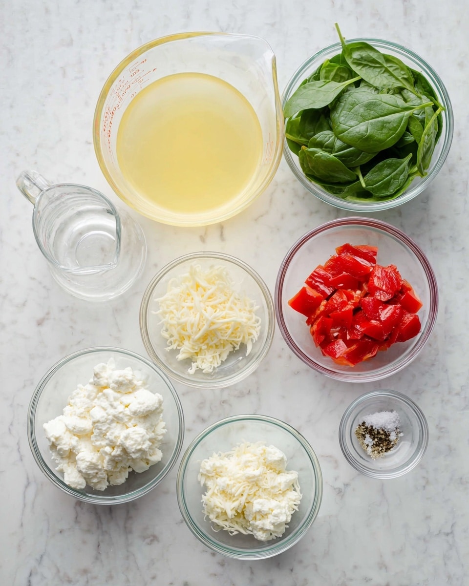 Several clear glass bowls and a glass measuring cup are arranged on a white marbled surface. The largest bowl in the center holds a pale yellow liquid, likely broth. Surrounding it are six smaller bowls: one with bright red roasted peppers, one with fresh green spinach leaves, one with crumbled white cheese, one with shredded white cheese, one with white creamy ricotta, and a small bowl containing salt and black pepper. The image captures a clean and fresh arrangement of ingredients for a meal, photo taken with an iphone --ar 4:5 --v 7