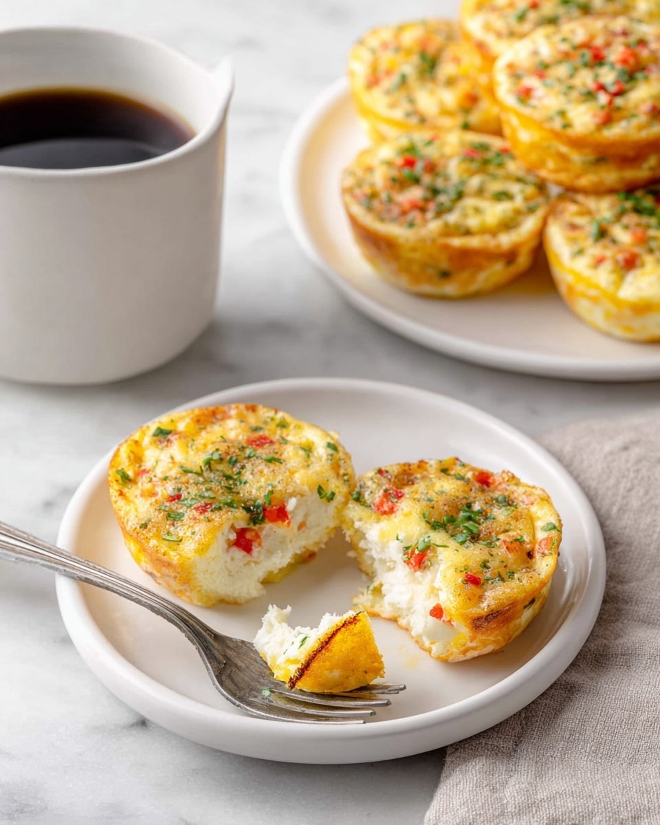 The image shows a white plate holding two small egg cups that have a golden brown top with visible green herbs and small pieces of red pepper. One of the egg cups is whole, and the other has a bite taken out, showing a soft and creamy white inside. There is a silver fork resting on the edge of the plate. In the background, there is a larger white plate with several more egg cups stacked, all displaying the same golden top with herbs and red bits. Next to the plates, there is a white cup filled with black coffee, and everything is set on a white marbled surface. photo taken with an iphone --ar 4:5 --v 7