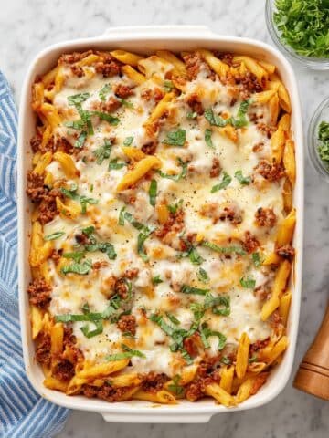 Ground Beef Penne Pasta Bake with Marinara and Mozzarella Recipe