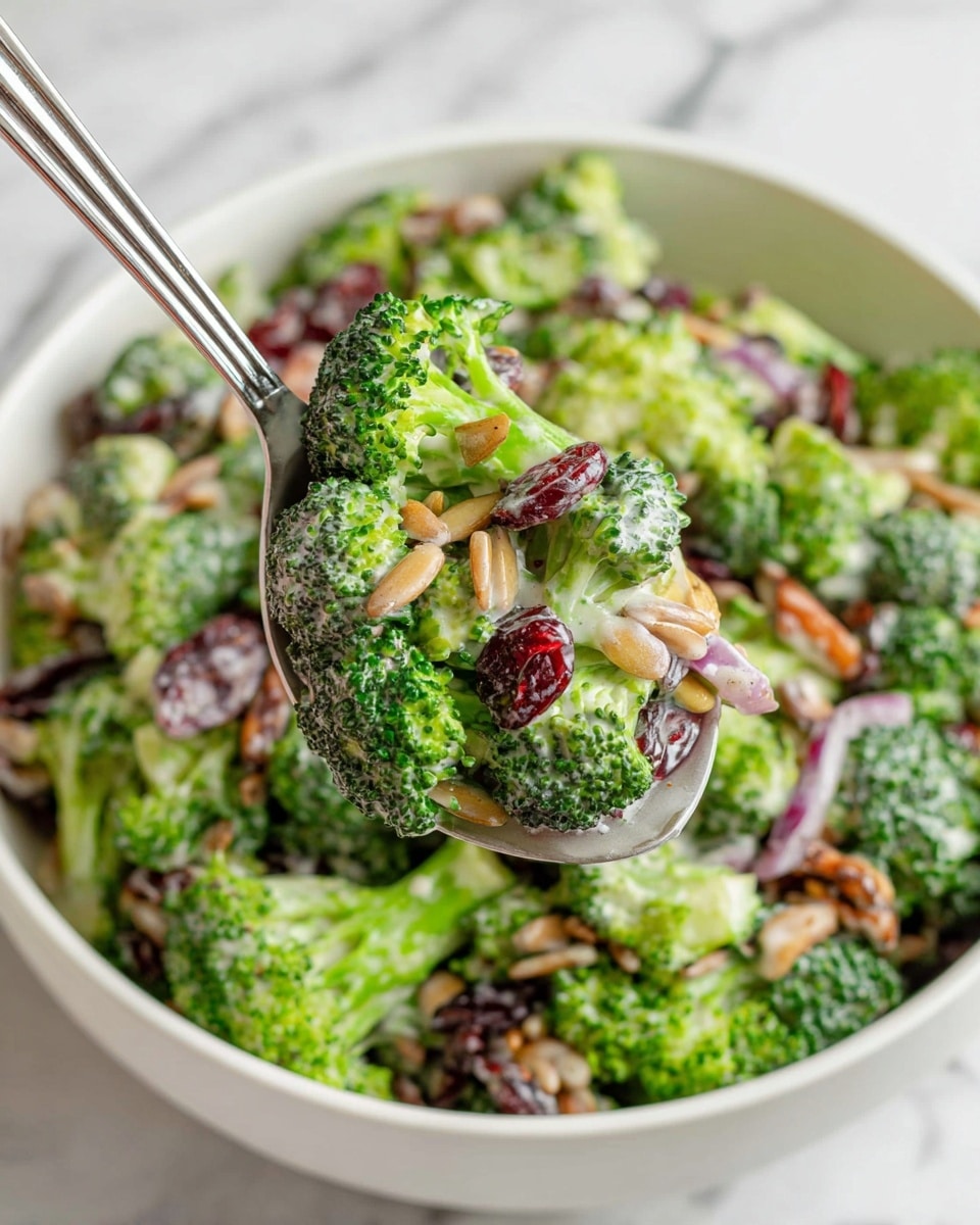 This image shows a white bowl filled with a broccoli salad that has about four layers. The bottom layer is bright green broccoli florets, fresh and packed closely together. Mixed throughout the broccoli are pieces of dried cranberries, small bits of diced red onion, and light brown sunflower seeds that add texture. On top, there is a light creamy dressing coating all the pieces, giving them a slight shine. A shiny silver spoon lifts a portion of the salad, showing the mix of these ingredients clearly in the foreground, and the background is a white marbled texture. Photo taken with an iphone --ar 4:5 --v 7