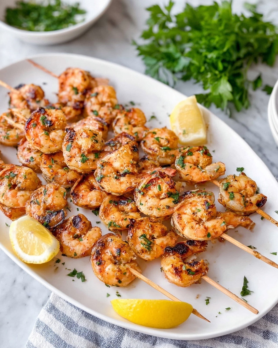 The image shows several wooden skewers with grilled shrimp arranged in rows on a white oval plate. The shrimp have a light orange color with nice char marks and small green herb pieces sprinkled on top. The plate also contains three lemon wedges placed at the edges for garnish. In the background, there is a white bowl with chopped green herbs and some green parsley leaves on a white marbled surface. Photo taken with an iphone --ar 4:5 --v 7