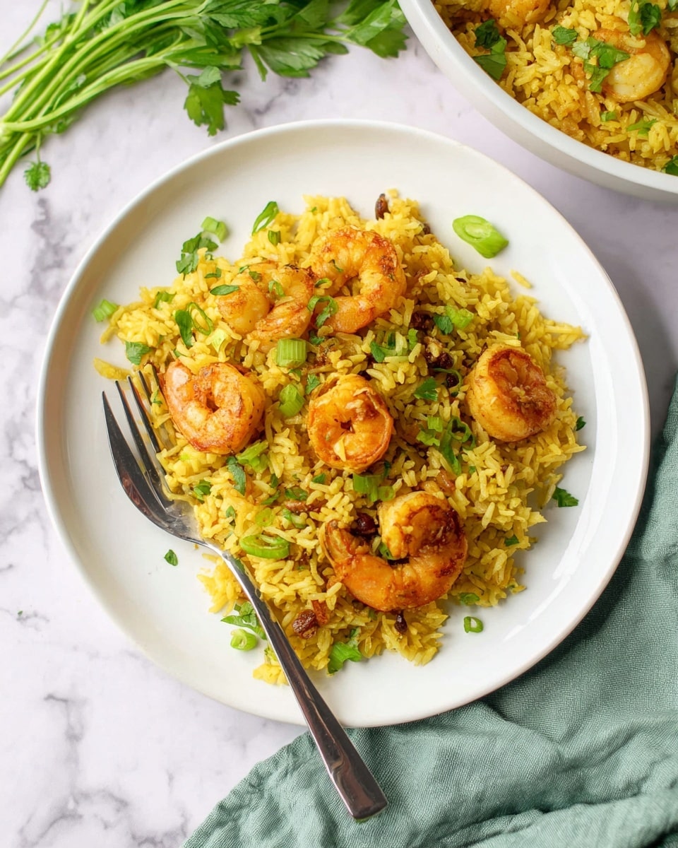 The dish shows a white plate filled with two main layers. The bottom layer is yellow rice mixed with small bits of green herbs and tiny dark pieces, giving it a textured look. On top, there are several orange shrimp placed evenly across the rice, each shrimp showing a slight curve and a shiny surface. Bright green herbs are sprinkled over the shrimp and rice, adding fresh color. A silver fork rests on the right side of the plate, partly in the rice. The plate sits on a white marbled surface with some green leafy stems nearby and a soft green cloth partially under the plate. Part of a white bowl filled with more yellow rice and shrimp is visible in the top right. photo taken with an iphone --ar 4:5 --v 7