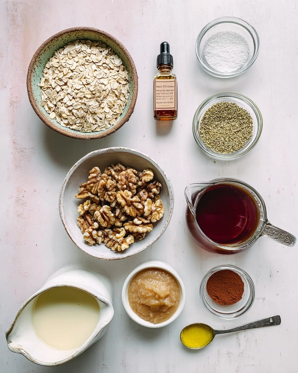 The image shows eleven ingredients arranged on a white marbled surface. At the top left is a rustic bowl filled with light beige rolled oats. To its right is a small amber bottle of vanilla extract. Below the oats is a white bowl filled with large walnut pieces with shades of light and dark brown. To the right of the walnuts are two small clear glass bowls, one with light green hemp seeds and the other with brown powdered spices. Below these is a small glass bowl containing pale beige applesauce. To its right is a small silver pitcher filled with dark amber liquid, likely maple syrup. On the left edge is a white ceramic jug with creamy liquid inside, likely milk. Below the applesauce and syrup are two small white bowls, one with white sea salt and the other with reddish-brown cinnamon powder. At the bottom right is a measuring spoon with yellow olive oil inside. All bowls and containers are neatly arranged and the whole image is bright and clean, photo taken with an iphone --ar 4:5 --v 7