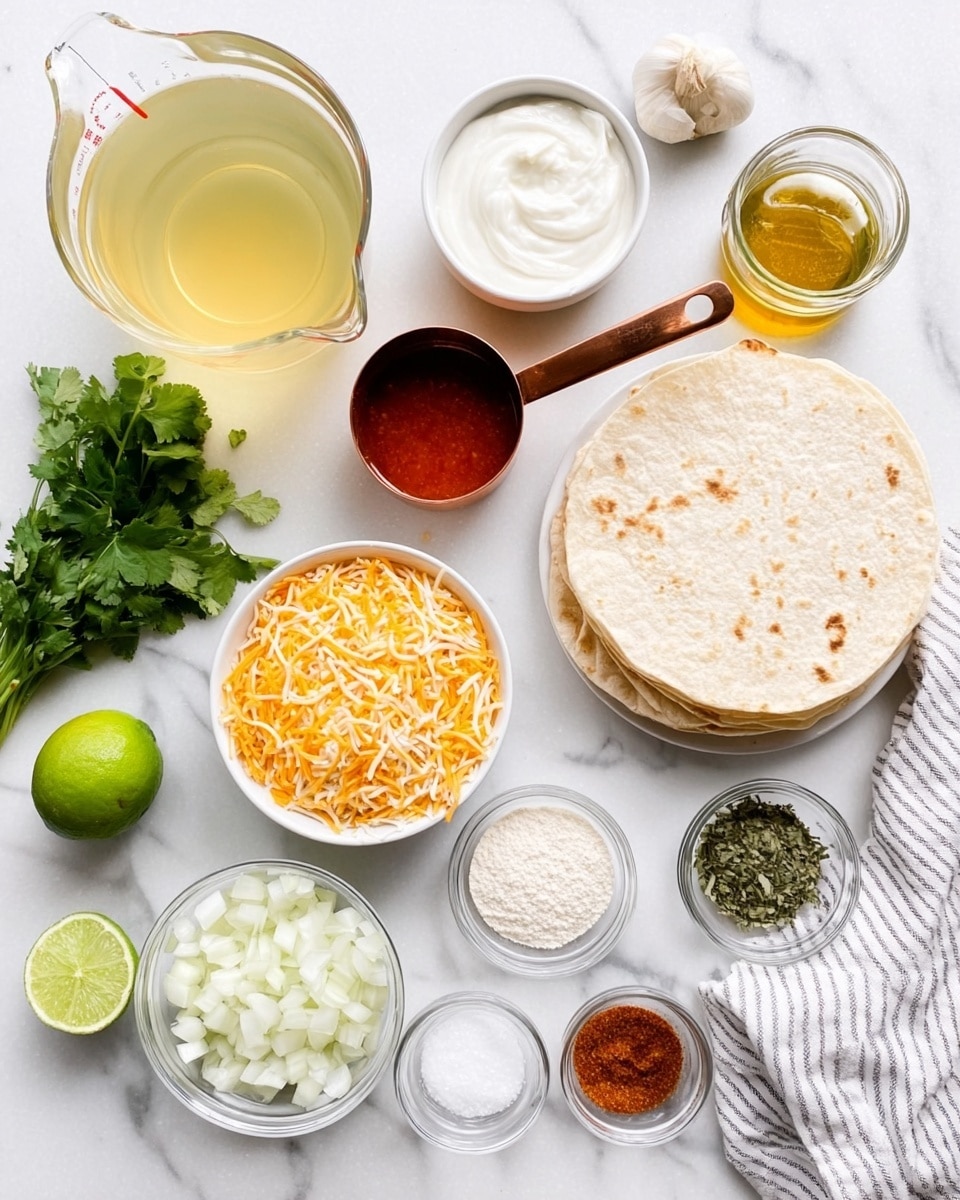 The image shows many ingredients on a white marbled surface, ready to make a dish. In the top left, there is a clear glass measuring cup filled with light yellow broth. Next to it, there is a small white bowl with white sour cream. A small copper measuring cup with a wooden handle holds a golden liquid, just below the sour cream. To the right, there is a stack of white tortillas. In the center bottom left, there is a round mound of mixed shredded orange and white cheese. Nearby, a whole green lime and a small bunch of fresh green cilantro leaves are placed on the surface. A small clear bowl full of diced white onions is next to the lime. Below the onions, there is a small white bowl with chopped garlic. Around the middle bottom, small clear bowls hold white flour, dried green herbs, ground black pepper, and red chili powder. There is also a small clear bowl with red tomato sauce near the tortillas. A white and gray striped cloth is folded on the right side. The photo taken with an iphone --ar 4:5 --v 7
