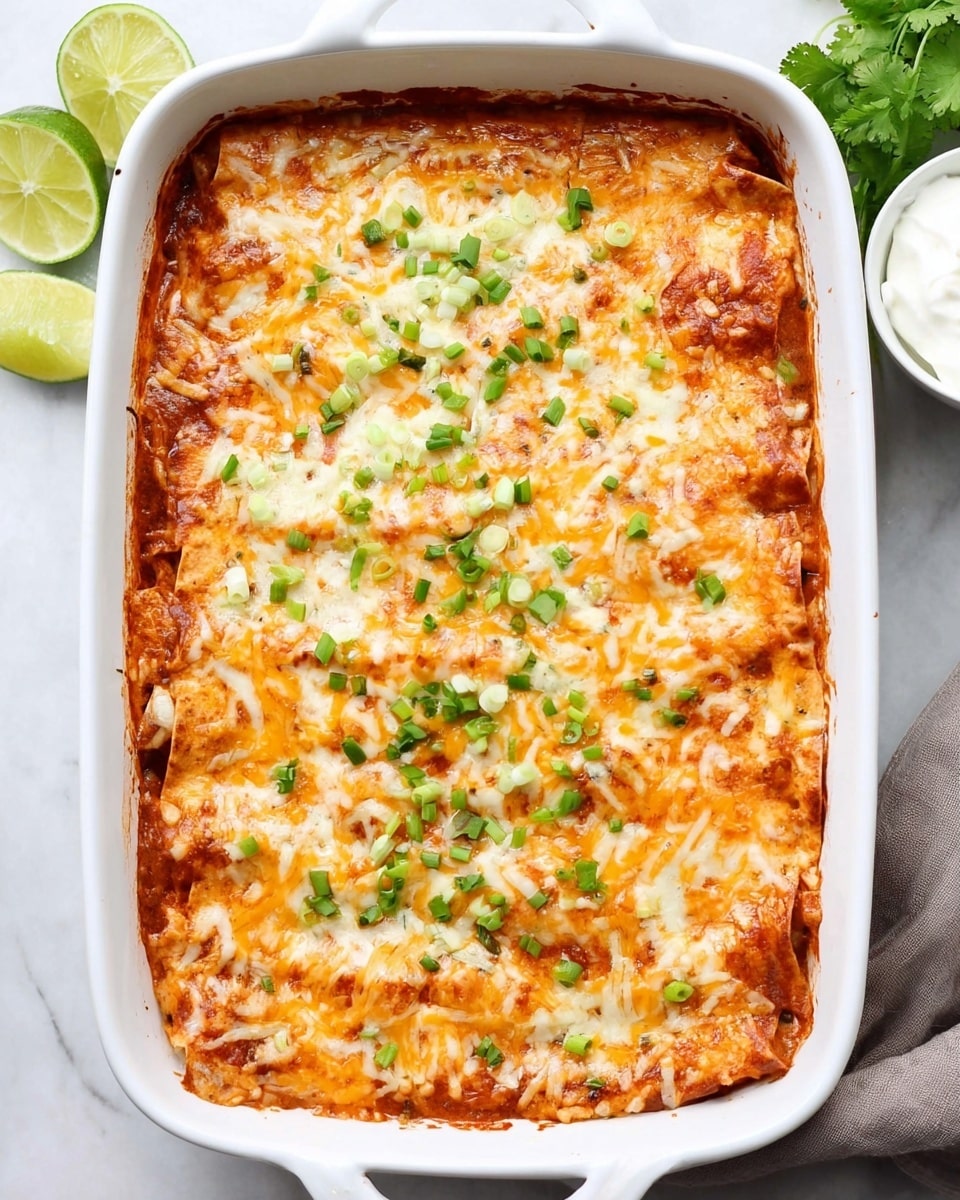 A white ceramic baking dish filled with a baked layered casserole, showing a top layer of melted cheese in shades of white and orange, sprinkled evenly with chopped green onions. The edges reveal a rich tomato-based sauce beneath the cheese, with soft layers of pasta or tortillas topped by the melted cheese forming a smooth, slightly browned surface. The dish is placed on a white marbled surface, with lime wedges on the bottom left and a small white bowl of sour cream in the top right corner. Photo taken with an iphone --ar 4:5 --v 7