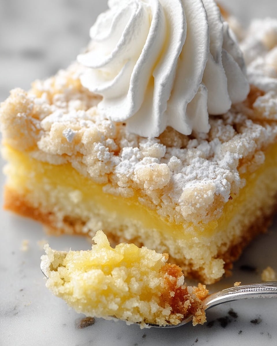 A close-up of a square piece of crumb cake on a white marbled surface, showing three main layers: the bottom layer is a light golden crumbly cake, the middle layer is a soft, dense yellow filling, and the top layer is a crumbly streusel covered with powdered sugar. On top of the cake, there is a large swirl of white whipped cream with smooth, curved ridges. A small piece of the cake has been scooped up by a silver spoon, showing the soft yellow filling and crumbly texture of the cake layers. Photo taken with an iphone --ar 4:5 --v 7