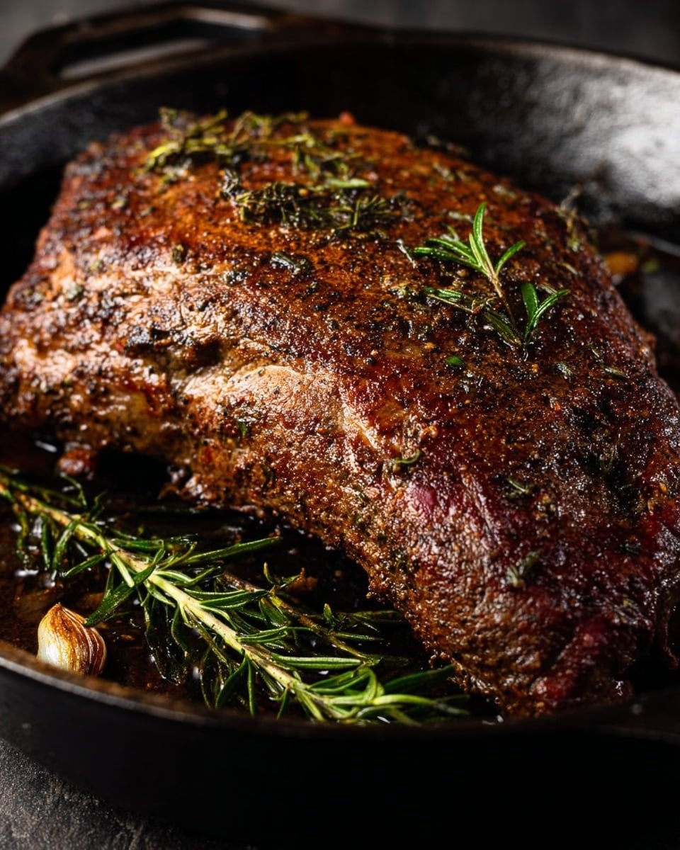 A large, browned piece of cooked meat with a coarse, seasoned crust takes up most of the cast iron pan. The meat is shiny with juices and small herbs like rosemary scattered on top. Below the meat are a few sprigs of fresh rosemary and some browned garlic cloves that add texture and color contrast. The black pan has a matte, slightly oily surface and creates a dark background, making the meat and herbs stand out. The whole scene is close up and detailed, showing the rich colors and textures of the cooked food. photo taken with an iphone --ar 4:5 --v 7