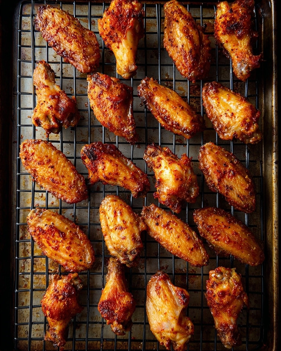 The image shows one layer of cooked chicken wings arranged neatly on a black metal cooling rack placed over a tray. The wings have a golden brown color with some darker crispy spots and seasoning visible on their skin. The texture looks crunchy on the outside with slight charring in some areas. The tray beneath is visible through the rack and has a light, slightly worn look. The setting is simple with the whole focus on the wings, all positioned close to each other without overlapping. photo taken with an iphone --ar 4:5 --v 7