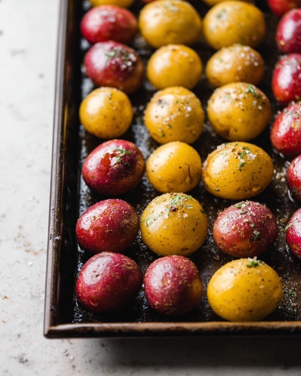 A close-up shot of a dark metal baking tray filled with small whole potatoes in two colors, red and golden yellow, arranged in rows across the tray. Each potato has a slightly shiny surface, sprinkled with coarse salt and small bits of herbs or seasoning. The baking tray sits on a white marbled surface. The potatoes look freshly seasoned, ready to be roasted. photo taken with an iphone --ar 4:5 --v 7