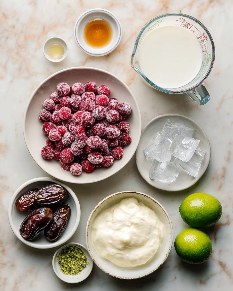 A top-down view of several white bowls and a glass measuring cup arranged on a white marbled surface. The largest bowl in the center holds a single layer of bright red frozen cranberries dusted with frost. To the right, the clear glass measuring cup is filled with white milk. Below the cranberries is a white bowl of thick, creamy white yogurt with a smooth texture. To the left of the yogurt bowl is a smaller white bowl containing two dark brown dates with a shiny and wrinkled surface. Above it sits a small bowl with three large, clear ice cubes with sharp edges. Above the ice bowl is a tiny bowl holding a small amount of amber-colored syrup with a glossy surface. Near the bottom center is another tiny bowl filled with light yellow lemon juice. Near the bottom left corner, two whole green limes rest on the white marbled surface, and beside these is a small bowl with finely chopped green lime zest. Photo taken with an iphone --ar 4:5 --v 7