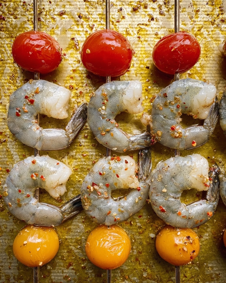 The image shows four metal skewers each threaded with a bright red cherry tomato on top, followed by three large raw shrimp that are light gray with visible seasoning of crushed red pepper and garlic flakes, and finished with an orange cherry tomato at the bottom; the skewers are laid side by side on a textured golden tray with some oil drops visible, creating a close-up view of the fresh seafood and colorful tomatoes. photo taken with an iphone --ar 4:5 --v 7