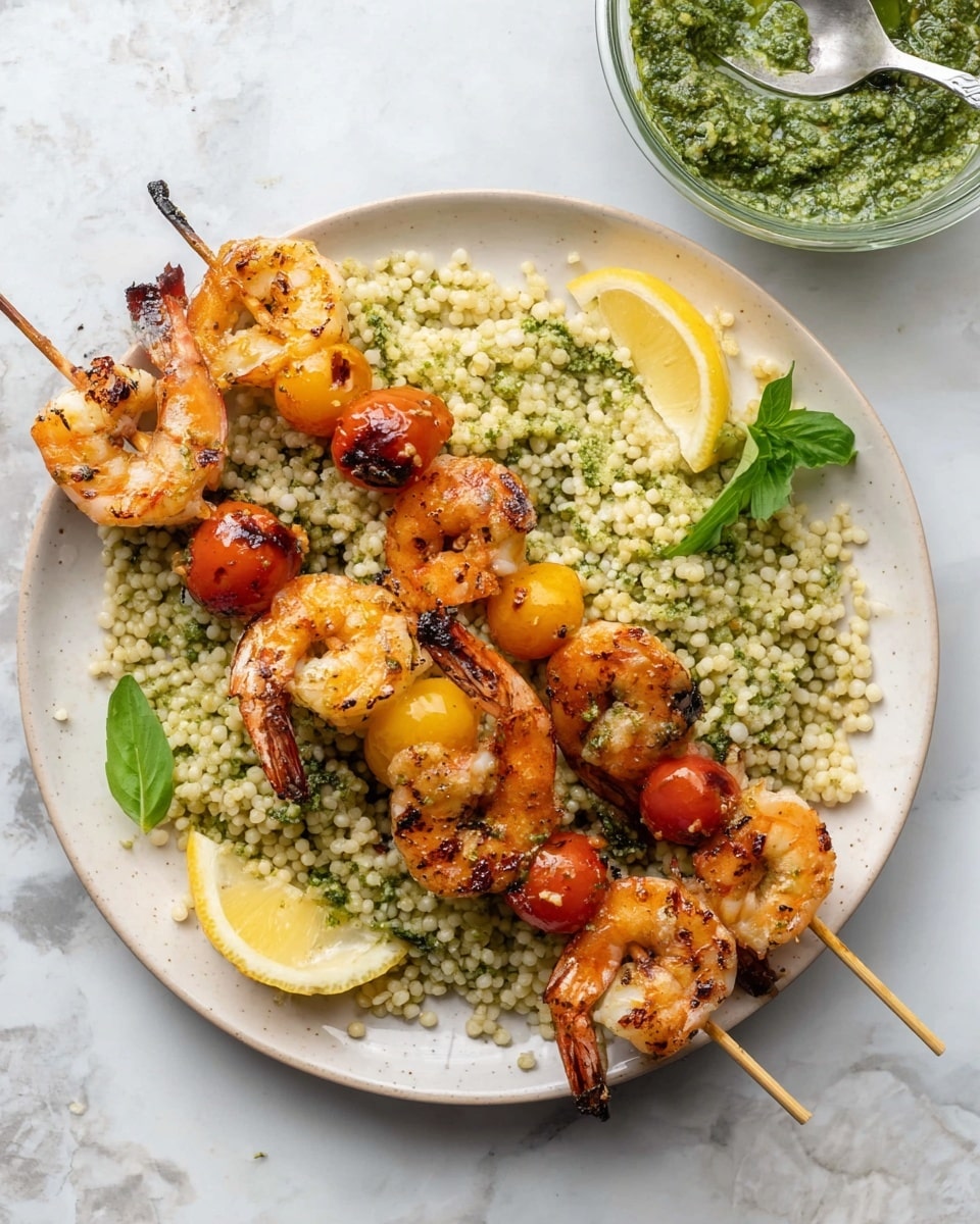 A white plate holds a bed of small, round couscous grains mixed with green herbs, creating a textured, light greenish layer that covers the whole plate. On top, there are about ten grilled shrimp with a golden orange color and dark grill marks, arranged in a small pile mostly in the center. Scattered among the shrimp are small, charred red and yellow cherry tomatoes. Around the edges of the plate, there are two lemon wedges placed on the couscous. The plate sits on a white marbled surface, and there is a clear glass bowl with green sauce slightly visible in the top right corner. photo taken with an iphone --ar 4:5 --v 7