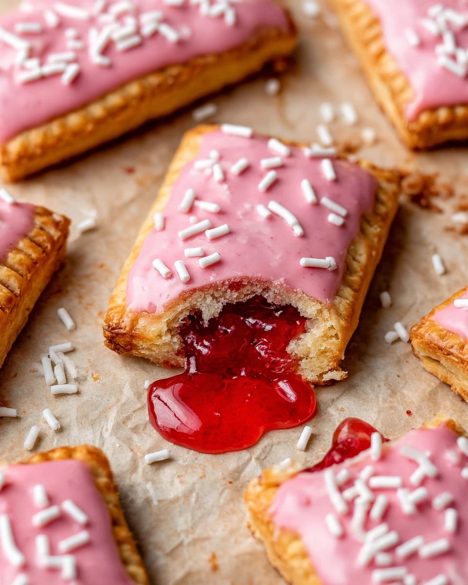 The image shows several rectangular pastries with a golden-brown crust, each topped with a smooth layer of pink icing and sprinkled with small white cylindrical sprinkles. One pastry is broken open, revealing a bright red, shiny jam inside that looks juicy and thick. The pastries rest on a light brown paper on a white marbled surface. Some jam is dripping slightly from the broken pastry. The overall look is colorful and inviting, with a close-up focus on the textures of the crust, icing, and jam. Photo taken with an iphone --ar 4:5 --v 7