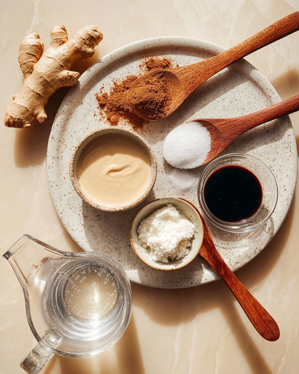The image shows a round white plate with brown speckles on a white marbled surface, holding various ingredients arranged neatly. On the plate, from left to right, there is fresh yellowish ginger root, a wooden spoon with brown powder, a black spoon with a smaller amount of darker brown powder, a white spoon with white coarse salt, and a wooden spoon with a shiny amber liquid. In the center of the plate is a small white bowl filled with a dark brown liquid. To the right of the plate are two white bowls with red rims, one filled with a smooth light beige creamy substance and the other with a thick white creamy substance. In front of the plate sits a clear glass measuring cup filled with water and with a wooden handle. The arrangement is clean and simple, with natural colors and textures contrasting gently with the white marbled surface. Photo taken with an iphone --ar 4:5 --v 7