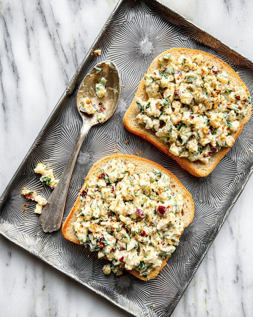 Two slices of toasted bread are laid side by side on a gray tray with a sunburst pattern. Each slice is thickly topped with a creamy salad made of small white pieces mixed with bits of red and green, giving a colorful, chunky texture. Scattered pieces of the salad appear on the tray near the toast, and a worn silver spoon, also with some salad on it, rests on the left side of the tray. The tray is placed on a white marbled surface. photo taken with an iphone --ar 4:5 --v 7