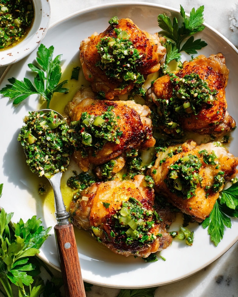 A white plate filled with six browned chicken thighs with a crispy golden skin arranged in a scattered pattern, each piece topped with a fresh green herb mixture that includes finely chopped parsley and celery pieces, adding a bright texture on top. The herbs have a slightly oily sheen that reflects light, and some whole parsley leaves are placed as garnish around the chicken. A silver spoon with a wooden handle rests on the plate, holding the same herb mixture with visible garlic chunks. The plate sits on a white marbled surface with extra herbs and a white bowl of green herb sauce partially visible nearby. The photo taken with an iphone --ar 4:5 --v 7