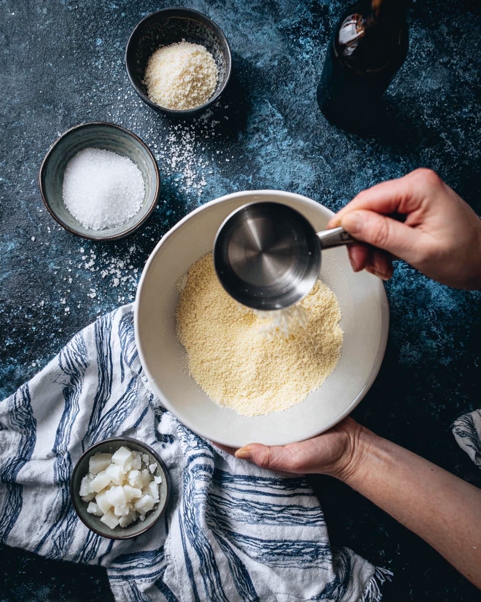 A white bowl is held by a woman's left hand while her right hand pours a metallic measuring cup filled with a light yellow powdery ingredient into it; around the bowl on a dark textured surface are small bowls containing white powder, coarse salt, and white solid chunks, along with a dark bottle and a white and blue striped cloth draped underneath. photo taken with an iphone --ar 4:5 --v 7
