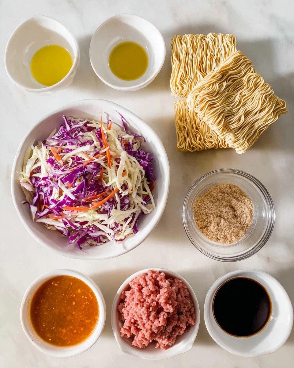 The image shows seven white bowls arranged on a white marbled surface. In the center is a white bowl filled with shredded cabbage and purple cabbage with some thin carrot strips mixed in. To the right, there are three blocks of dry instant noodles stacked partly overlapping each other. Below the noodles is a transparent bowl filled with raw ground meat. Above the noodles, two small white bowls hold yellow oil and a dark brown soy sauce-like liquid. In the bottom left corner, a white bowl contains an orange-colored sauce. Above it, a smaller white bowl contains a coarse light brown powder, and next to it, a white bowl with a rough chile paste with visible bits of chili. The image has a bright natural light tone, photo taken with an iphone --ar 4:5 --v 7