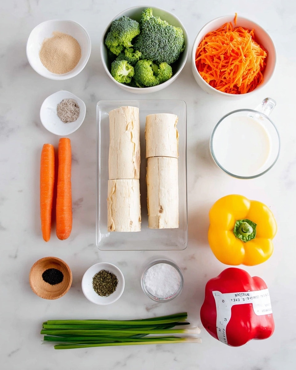 The image shows a clean, organized layout of fresh ingredients placed on a white marbled surface. In the center, there are three peeled, light beige yuca roots stacked side by side on a clear rectangular tray. On the top row, from left to right, there is a small white bowl with two piles of light brown powder, a white bowl filled with fresh green broccoli florets, and another white bowl containing shredded orange carrots. On the middle row to the left, two whole orange carrots lay side by side, while to the right there is a glass filled with white coconut milk. On the bottom row, a small wooden bowl of white salt sits to the left, three small white bowls containing black pepper and green dried herbs are adjacent, a white measuring cup with clear liquid is in the middle, then a bright yellow bell pepper sits next to a red bell pepper with a white paper band around it. At the very bottom, a bundle of fresh green scallions is laid flat. The whole scene is bright and fresh, showcasing the ingredients clearly without any clutter. Photo taken with an iphone --ar 4:5 --v 7