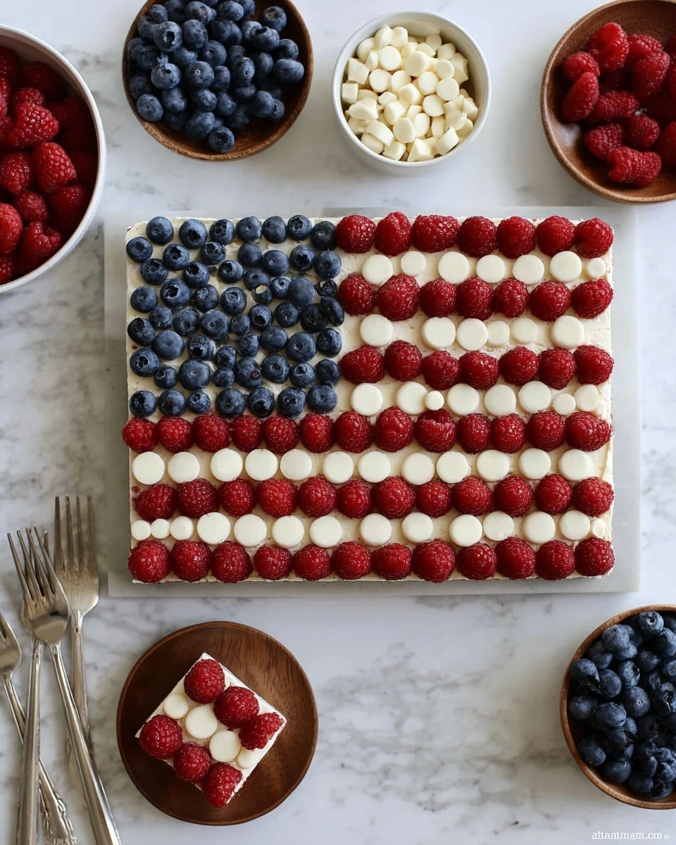 A square dessert designed to look like the American flag lies flat on a white marbled surface. The base layer is white, topped with five evenly spaced horizontal rows of evenly placed bright red raspberries forming the stripes. In the top left corner, a square cluster of fresh blue blueberries makes the flag's blue field, decorated with white circular pieces evenly arranged inside the blueberry area to mimic stars. A single small piece of the dessert is placed separately, topped with red raspberries in rows. Surrounding the main dessert are white bowls filled with fresh raspberries and blueberries, a small bowl of white circular pieces, and two wooden plates, one holding the single dessert piece and another with two forks. The photo is taken with an iphone --ar 4:5 --v 7