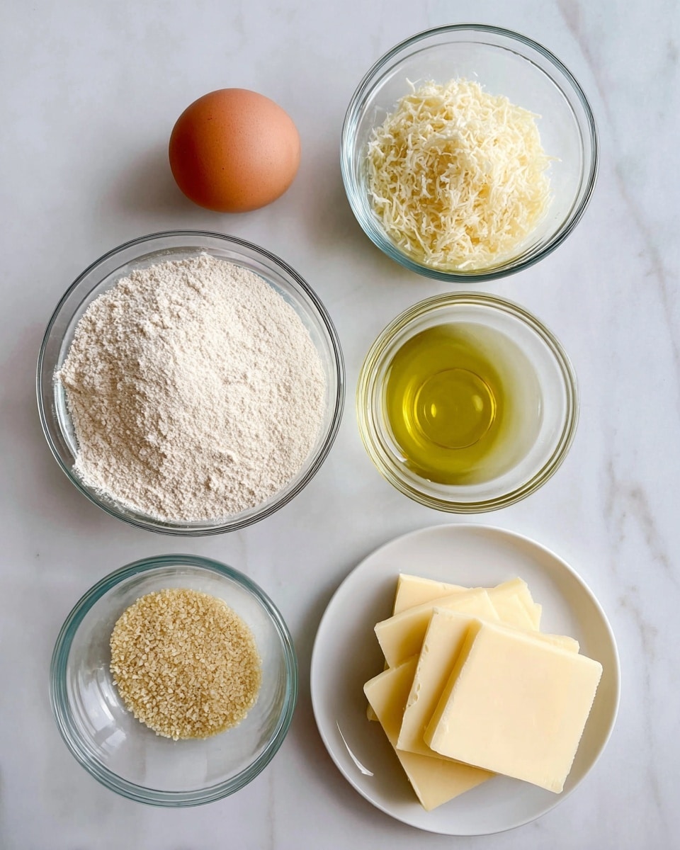 A top view of five small clear glass bowls and one white plate arranged on a white marbled surface. The bowls contain different ingredients: one bowl holds a single brown egg with a smooth shell, another has light beige flour with a powdery texture, a third holds pale yellow cooking oil with a shiny surface, and the last bowl contains light brown dry breadcrumbs with a coarse texture. The white plate has four square slices of pale yellow cheese stacked neatly on top of each other. photo taken with an iphone --ar 4:5 --v 7