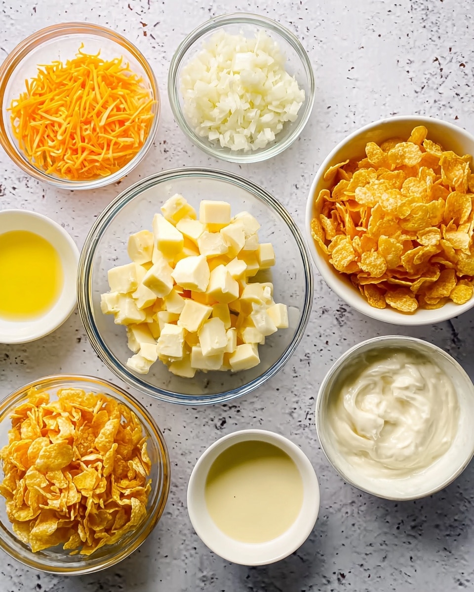 The image shows seven glass and white bowls on a white marbled surface, each containing different ingredients. The largest glass bowl near the center holds small pale yellow cubes with a slightly rough texture. Surrounding it are smaller bowls: one with shredded bright orange cheese, one filled with small white diced pieces of onion, one with smooth yellow melted butter, one with creamy white thick sauce, and another with smooth pale yellow dressing. There is also a white bowl filled with golden-yellow cornflakes with a crinkled texture. The bowls are neatly arranged and evenly spaced. photo taken with an iphone --ar 4:5 --v 7