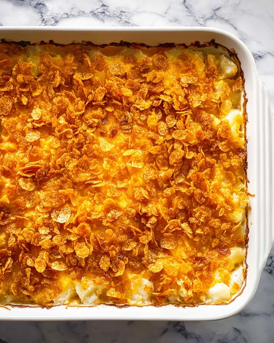 The image shows a white rectangular casserole dish filled with a baked casserole. The top layer is crispy and golden brown with a rough texture made of crushed cornflakes or similar crunchy topping. Underneath, white chunks of potatoes are visible through the crispy topping, suggesting a creamy potato layer beneath. The edges have slightly darker, browned bits where the casserole has baked against the sides of the dish. The background is a white marbled surface. photo taken with an iphone --ar 4:5 --v 7