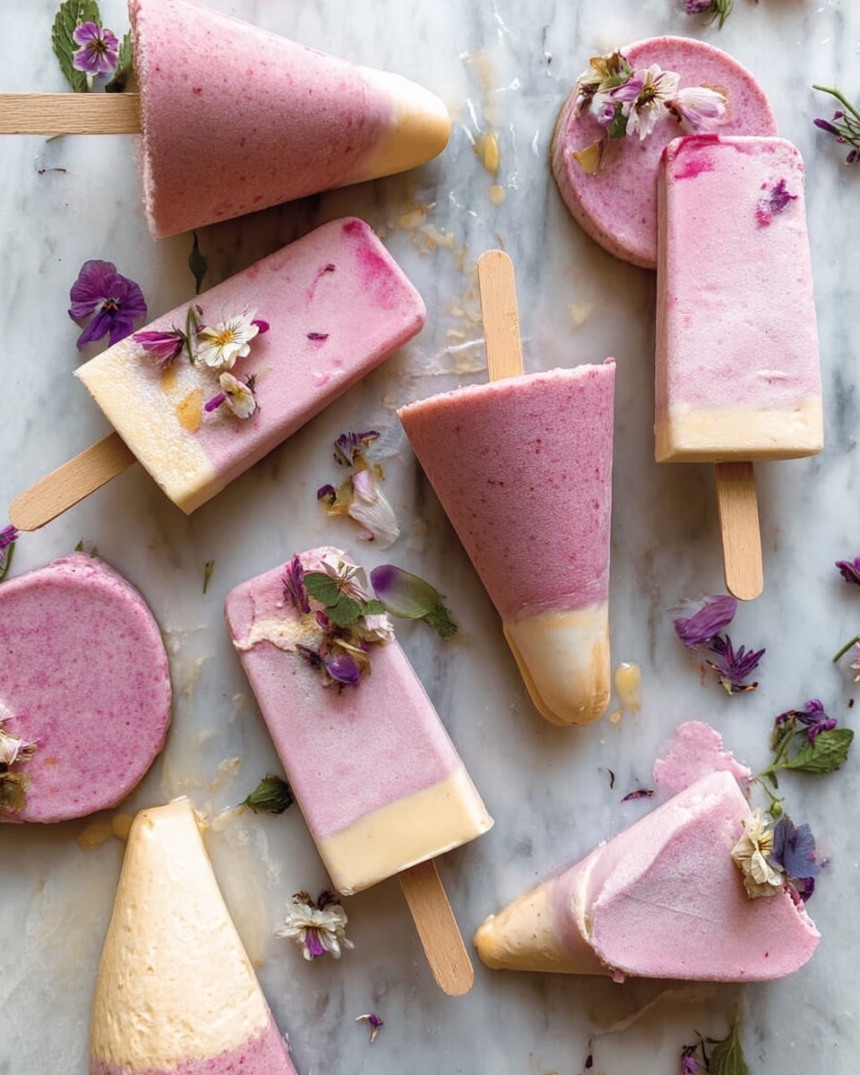The image shows several homemade popsicles arranged on a white marbled surface. The popsicles are two-colored with the bottom layer being creamy yellow and the top layer a soft purple, creating a clear two-layer look. Each popsicle has a smooth texture and a wooden stick inserted into the purple layer. One popsicle stands upright in the center, decorated with small purple and white edible flowers and green leaves near the stick. Other popsicles lie on their sides, some with the yellow layer melting slightly, showing a softer texture. In the background, more purple popsicles and flower decorations are scattered, giving a fresh and colorful appearance. photo taken with an iphone --ar 4:5 --v 7