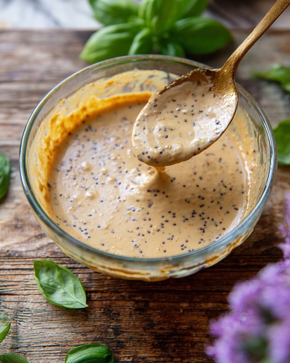 A glass bowl filled with a creamy, light brown sauce mixed with visible mustard seeds and black specks, creating a textured look. A brass spoon is dipped into the sauce, coated with it and hovering slightly above the bowl's center. The bowl sits on a rustic wooden surface with fresh green basil leaves scattered around it. Some blurry purple flowers appear at the bottom right corner, adding a soft touch to the scene. The background is a white marbled texture. photo taken with an iphone --ar 4:5 --v 7
