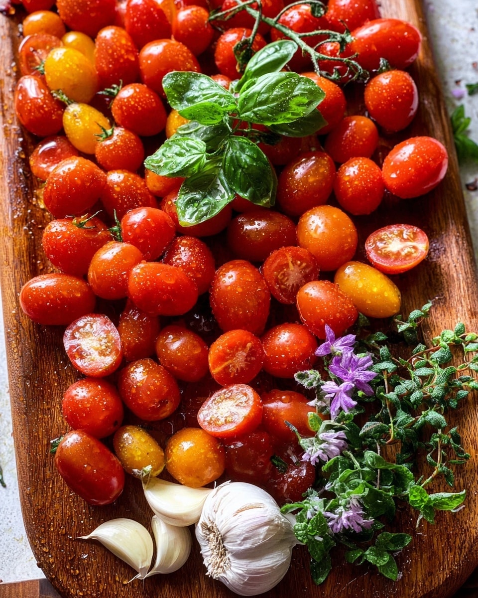 A close-up of a wooden board filled with bright red and yellow cherry tomatoes, some whole and some cut in half showing their juicy inside. Two tomato vines with green stems are placed on top of the tomatoes, adding more green color. In the center, a small bunch of fresh green basil leaves rests on the tomatoes. At the bottom right, there are a few whole garlic cloves and a bulb of garlic with the skin still on. A little bunch of purple flowers and green herb sprigs are placed to the lower right side, adding a fresh look to the arrangement. The photo is lively with tiny water droplets on the tomatoes. Photo taken with an iphone --ar 4:5 --v 7