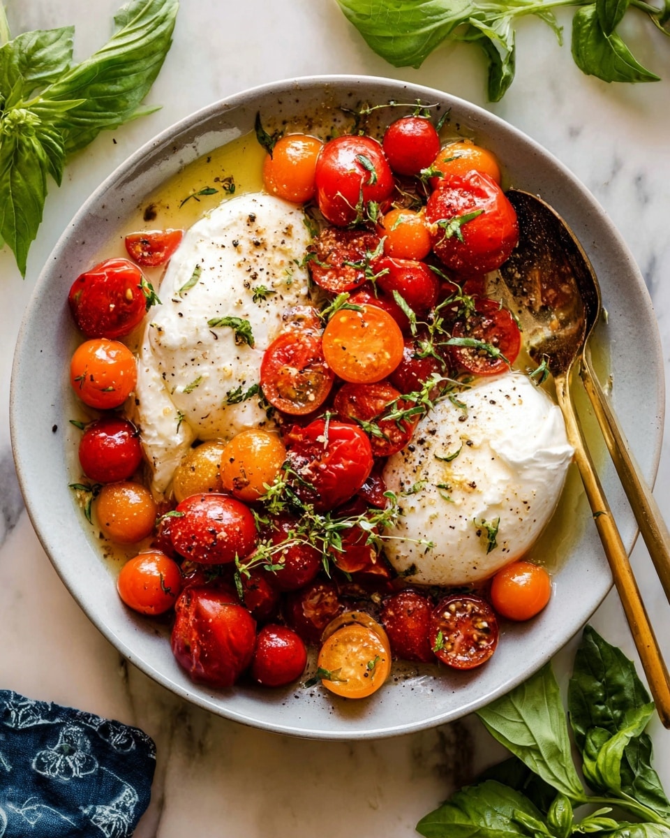 The dish is served in a white bowl filled with two large, soft white cheese balls placed near the center and bottom left. Bright red and orange cherry tomatoes, some whole and some sliced in half, are scattered over and around the cheese, mixed with small green herb leaves. A light drizzle of olive oil and cracked black pepper covers the cheese and tomatoes, adding shine and texture. Two vintage gold forks rest in the bowl, one on the right side, blending slightly with the food. The bowl is placed on a white marbled surface with scattered fresh green basil leaves around it. Photo taken with an iphone --ar 4:5 --v 7