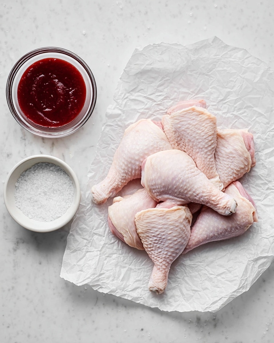 A white marbled surface holds a sheet of crinkled white parchment paper with several pieces of raw chicken parts placed together, showing pale pink skin with visible texture. To the left, a small white bowl filled with coarse salt sits near a clear glass bowl containing thick, deep red sauce with a glossy surface. The arrangement is neat and simple, with the chicken pieces slightly overlapping and the bowls close by, all set on the clean white marbled background. photo taken with an iphone --ar 4:5 --v 7