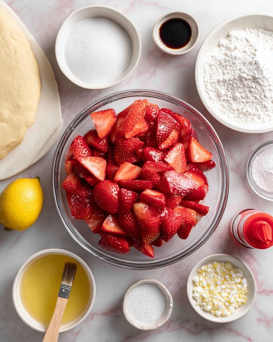 A clear glass bowl filled with bright red, sliced strawberries sits in the center on a white marbled surface. Surrounding it are small white bowls and dishes holding various ingredients: a bowl of white powdered sugar, a small dish with dark vanilla extract, a dish with white sprinkles, a small bowl with cream, and a bowl with granulated sugar. There is also a round piece of dough on the left and a lemon placed next to the powdered sugar. A small dish below the strawberries contains a yellow liquid with a wooden brush resting in it. A small red plastic squeeze bottle is near the bottom right corner. Photo taken with an iphone --ar 4:5 --v 7