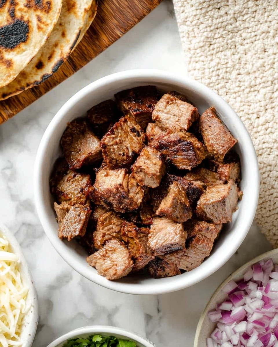 A white bowl filled with several small chunks of grilled meat that have a light brown and slightly charred color. The meat pieces show texture with some parts looking tender and others crisp from grilling. Around the bowl, there are parts of other white bowls visible, containing chopped red onions, chopped green herbs, and white shredded cheese. On the left side, there are some grilled tortillas with charred spots visible on a wooden board. The background is a white marbled surface with a piece of light beige knitted fabric near the top. Photo taken with an iphone --ar 4:5 --v 7
