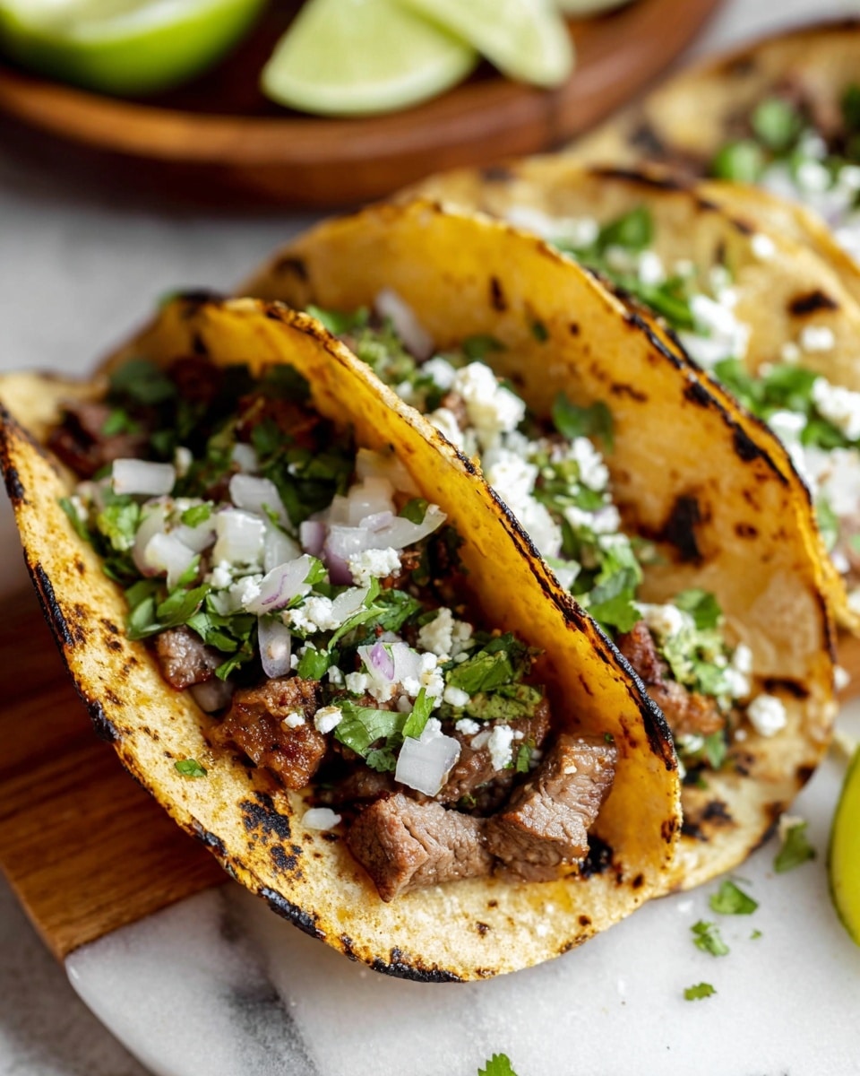The image shows two tacos with three layers each on a white marbled surface. The base layer is a toasted corn tortilla with dark grill marks and a slightly curled edge. Inside the tortilla, the second layer consists of small brown grilled meat chunks scattered evenly. The third layer includes chopped white onions and bright green cilantro leaves mixed with small white crumbles of cheese, giving a fresh texture and color contrast. In the background, more tacos are visible on a wooden board along with lime wedges. Photo taken with an iphone --ar 4:5 --v 7
