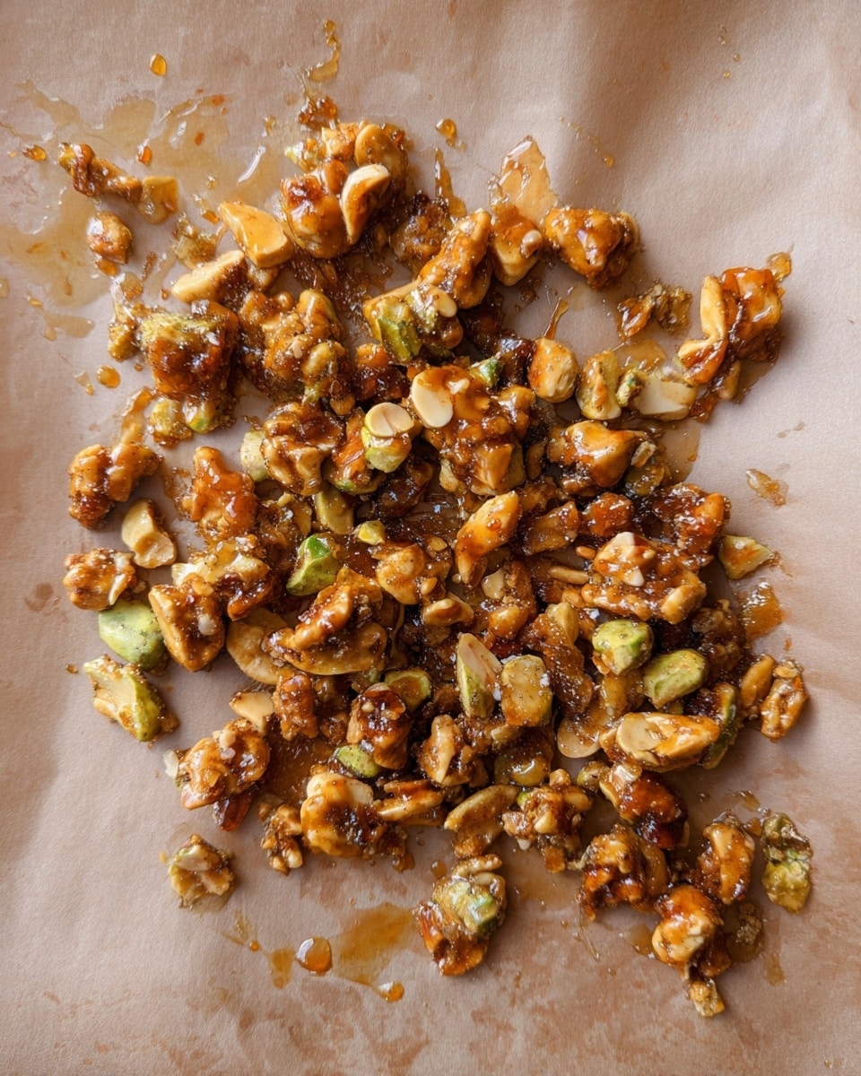 Small clusters and pieces of shiny caramelized nuts spread unevenly on light brown parchment paper, showing a mix of golden-brown caramel coating and pale green nut bits with a crunchy texture. The caramel forms irregular shapes and shines under soft light, highlighting some sticky, thick syrup areas. The parchment paper underneath has slightly darker spots from the caramel and nut oils. photo taken with an iphone --ar 4:5 --v 7