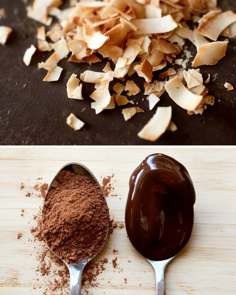 The image shows two close-up views stacked vertically. The top part shows small pieces of toasted coconut flakes scattered unevenly on a dark surface. They are light golden brown with rough, jagged edges. The bottom part shows two metal spoons placed side by side on a light wooden surface; the spoon on the left holds a small pile of brown cocoa powder with some powder spilled beside it, while the spoon on the right holds smooth, shiny melted dark chocolate with a glossy texture. photo taken with an iphone --ar 4:5 --v 7