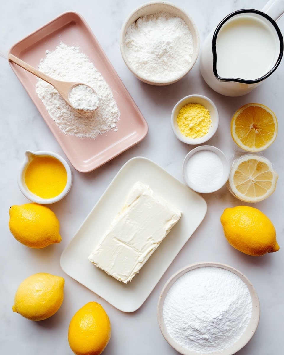 The image shows various baking ingredients neatly arranged on a white marbled surface. In the center, there is a rectangular white plate holding a block of soft white cream cheese sliced into three pieces. To the top left, a white round bowl with flour sits beside a rectangular pale pink tray holding three small white bowls with a wooden spoon; one bowl has a bright yellow powder, another has white salt, and the last is filled with white powdered sugar. Around these plates, there are four bright yellow lemons, two of which are halved, showing their juicy pale yellow insides. At the top right corner, there is a white jug with a black rim filled with milk. At the bottom right, part of a round white bowl filled with sugar is visible. All the items are arranged simply and brightly on the marble surface, photo taken with an iphone --ar 4:5 --v 7