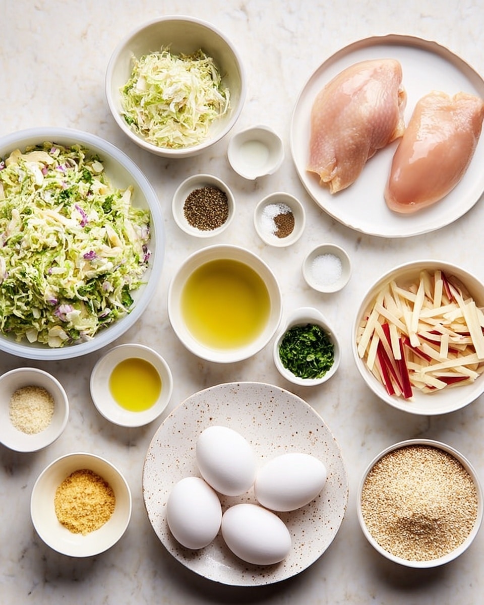 The image shows many small white bowls and plates arranged on a white marbled surface, each containing different ingredients. In the upper right, there are two smooth, shiny raw chicken pieces on a white plate with light brown speckles. Below that plate, there is a group of three white eggs on a speckled white plate. On the left side, two larger white bowls hold shredded green and white vegetables with some purple parts. Nearby, a white bowl shows thin slices of red and yellow fruit or vegetable sticks. Smaller bowls around the center contain mustard, salt, pepper, chopped green herbs, oil, honey, a yellow powder, and a grainy crumbly ingredient. The overall photo is bright and clear, with clean lines and neat arrangement photo taken with an iphone --ar 4:5 --v 7