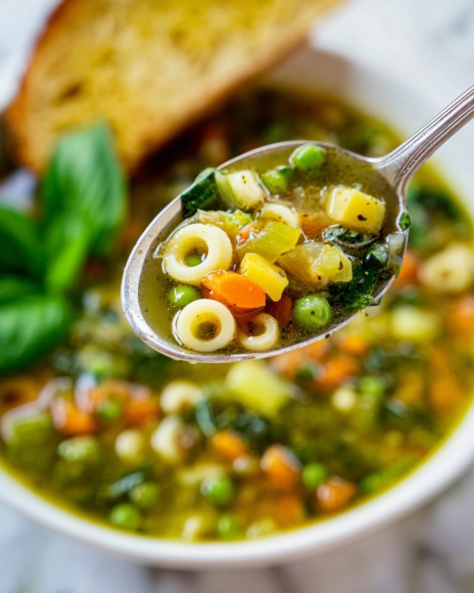 A close-up of a spoon filled with a colorful vegetable soup, showing two small pasta rings, orange carrot cubes, green peas, light celery pieces, and dark green spinach leaves, all in a clear green broth. The spoon is held over a white bowl filled with the same vegetable soup, featuring a mix of green, orange, white, and yellow colors, with a fresh green basil leaf garnish. A slice of toasted white bread is blurred in the background, resting on a white marbled surface. Photo taken with an iphone --ar 4:5 --v 7