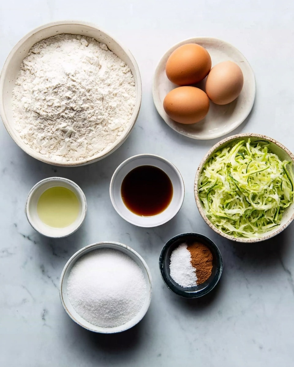 The image shows seven bowls and three eggs on a white marbled surface. The largest bowl on the left is filled with a white powdery ingredient, likely flour. Below it is a smaller white bowl full of granulated white sugar. In the middle, there is a small white bowl with a dark brown liquid, possibly vanilla extract. To its right is a white bowl filled with a clear, pale yellow liquid, perhaps oil. Above these are two brown eggs side by side, next to a small black bowl with white and brown powders, probably baking soda and cinnamon. On the right side of the image, there is a white bowl full of shredded green vegetable, possibly zucchini. Photo taken with an iphone --ar 4:5 --v 7