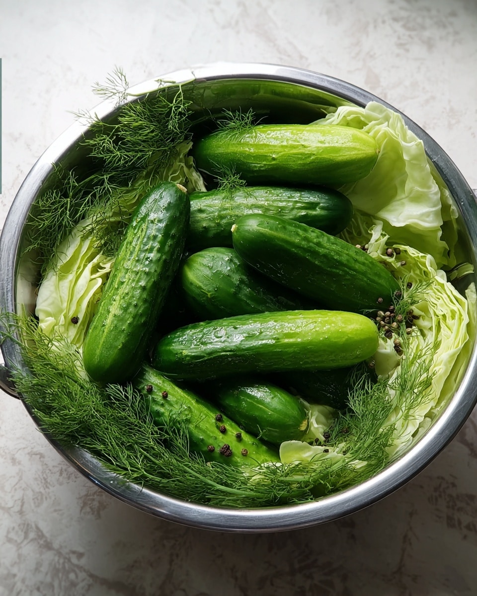A metal bowl filled with seven bright green cucumbers lying on pale green cabbage leaves. On top and around the cucumbers are fresh, feathery sprigs of dill in a darker green shade. The bowl's shiny surface reflects the green colors softly. Some small dark round spices are scattered on the cabbage leaves near the cucumbers. The scene is set on a white marbled texture surface. photo taken with an iphone --ar 4:5 --v 7