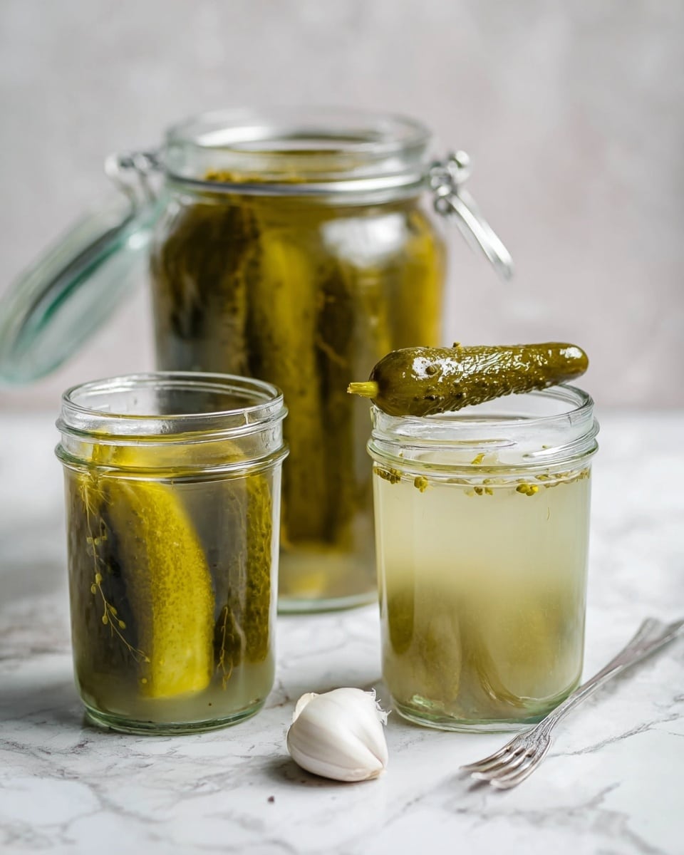 The image shows two clear glass jars filled with a light greenish-yellow liquid and large pickle slices inside. The bigger jar is in front, sealed with a glass lid and metal clasp, while the smaller jar is open and placed behind it. Around the jars, there are several garlic bulbs with white papery skins and a bunch of fresh green dill with thin feathery leaves resting on a white marbled surface. The background is also a white marbled texture, giving a clean and fresh feel to the image. photo taken with an iphone --ar 4:5 --v 7