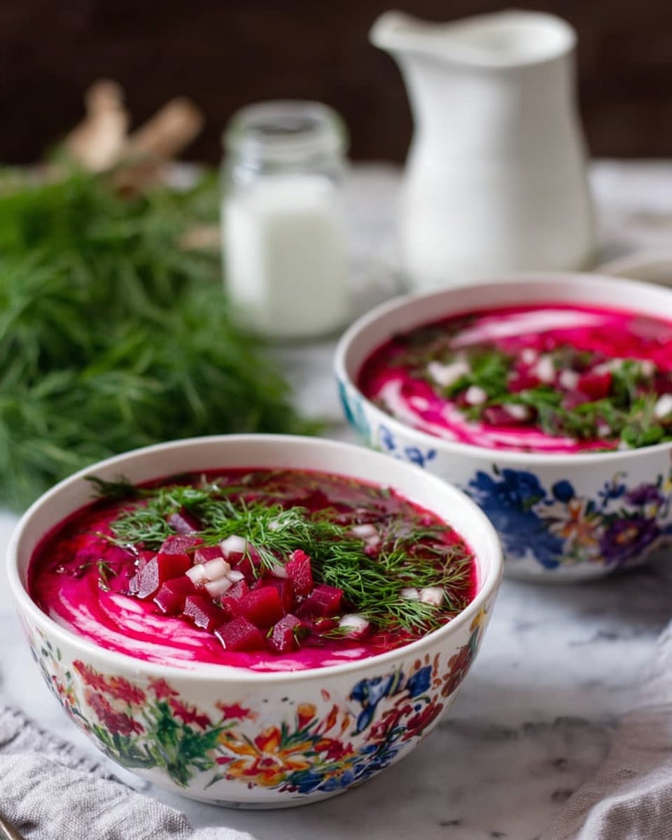 Two bowls with colorful floral patterns on white bases hold vibrant pink beet soup, with visible layers of dark red broth and pink creamy swirls. The soup is topped with diced red beet pieces and fresh green dill, creating a contrast of bright pink, deep red, and green on top. The bowls are placed on a white marbled surface, with a white pitcher, a small glass jar, and fresh dill in the blurry background. The scene has a cozy, rustic feel with soft natural light. Photo taken with an iphone --ar 4:5 --v 7