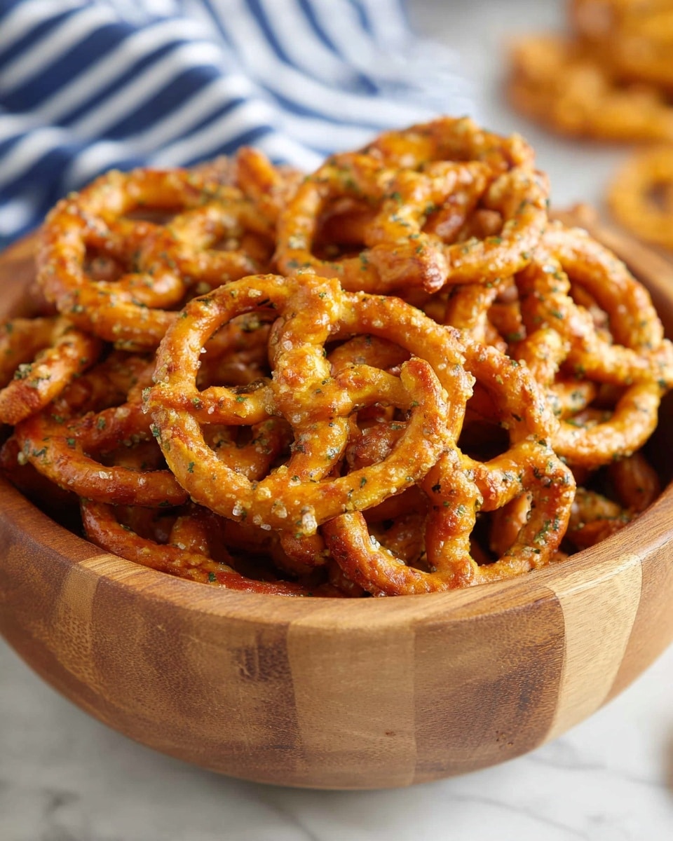 A wooden bowl is filled with about two layers of golden brown pretzels that have a slightly rough texture with visible green herb bits and light seasoning specks scattered on their surface. The pretzels are twisted in loops with some overlapping each other, showing an inviting crunchiness. The bowl sits on a white marbled surface, and in the blurred background, there is a blue and white striped cloth and some more pretzels scattered lightly. The warm lighting highlights the rich color and texture of the pretzels, making them look fresh and crispy photo taken with an iphone --ar 4:5 --v 7