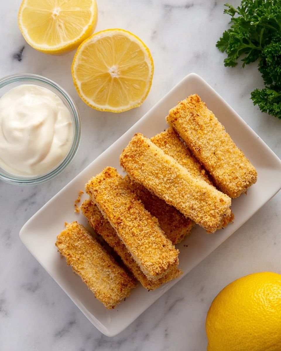A white rectangular plate holds six golden-brown breaded sticks, arranged in a slightly stacked, neat pile showing their rough, crunchy texture. To the left, there is a small clear glass bowl filled with white creamy sauce. Above the bowl, two lemon halves are placed with their bright yellow, juicy insides facing up. In the top right corner, some fresh green parsley is visible, adding a splash of color. The background is a white marbled surface with a single whole lemon at the bottom right. Photo taken with an iphone --ar 4:5 --v 7